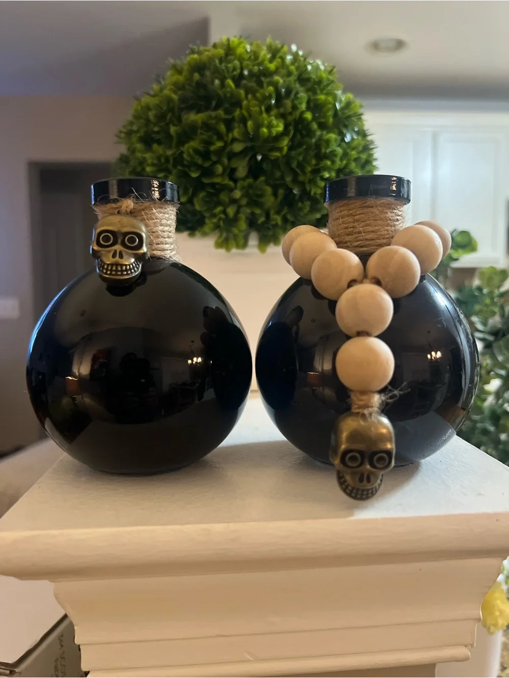 Black Glass Orb Bottles with Skull Accents - Halloween Table Decor